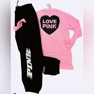 NEW VICTORIAS SECRET PINK PINK ORIGINALS RARE CAMPUS OVERSIZED TEE SHIRT & PANTS